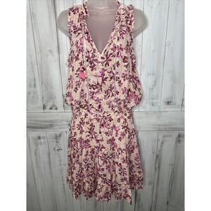 NWT POUPETTE ST BARTH CLARA PINK CREAM FLORAL POMPOM RUFFLE TIERED MINI DRESS‎ L